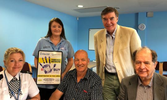 Philip Dunne MP with Inspector Nikki Roberts, Estelle Stock, Coordinator We Don’t Buy Crime Team, David Mills, Mayor of Craven Arms and Cllr David Evans, Shropshire Councillor.