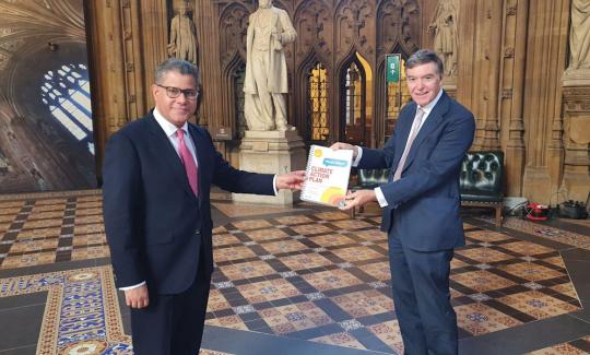 Philip Dunne MP presenting COP26 President, Rt Hon Alok Sharma MP, with South Shropshire Climate Action’s Report