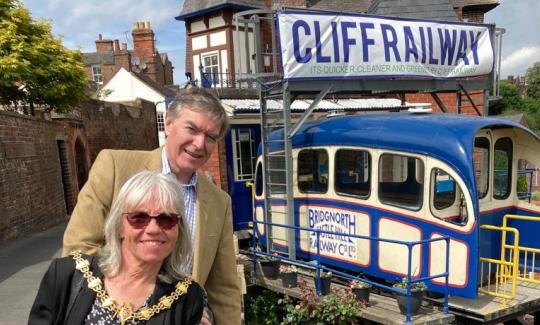 Philip Dunne MP congratulates new Mayor Karen Sawbridge at the Cliff Railway.