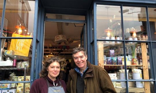 Philip Dunne MP with Lucinda Henry at Harp Lane Deli in Ludlow